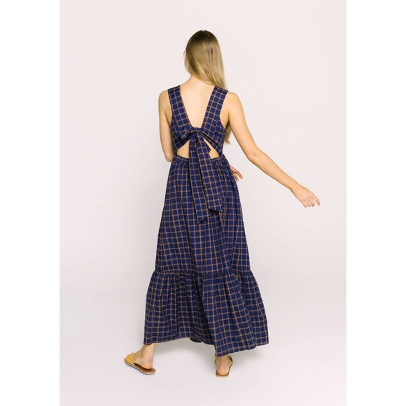 Plaid Navy and Brown Tie-Back Maxi Dress - Picture 5 of 6